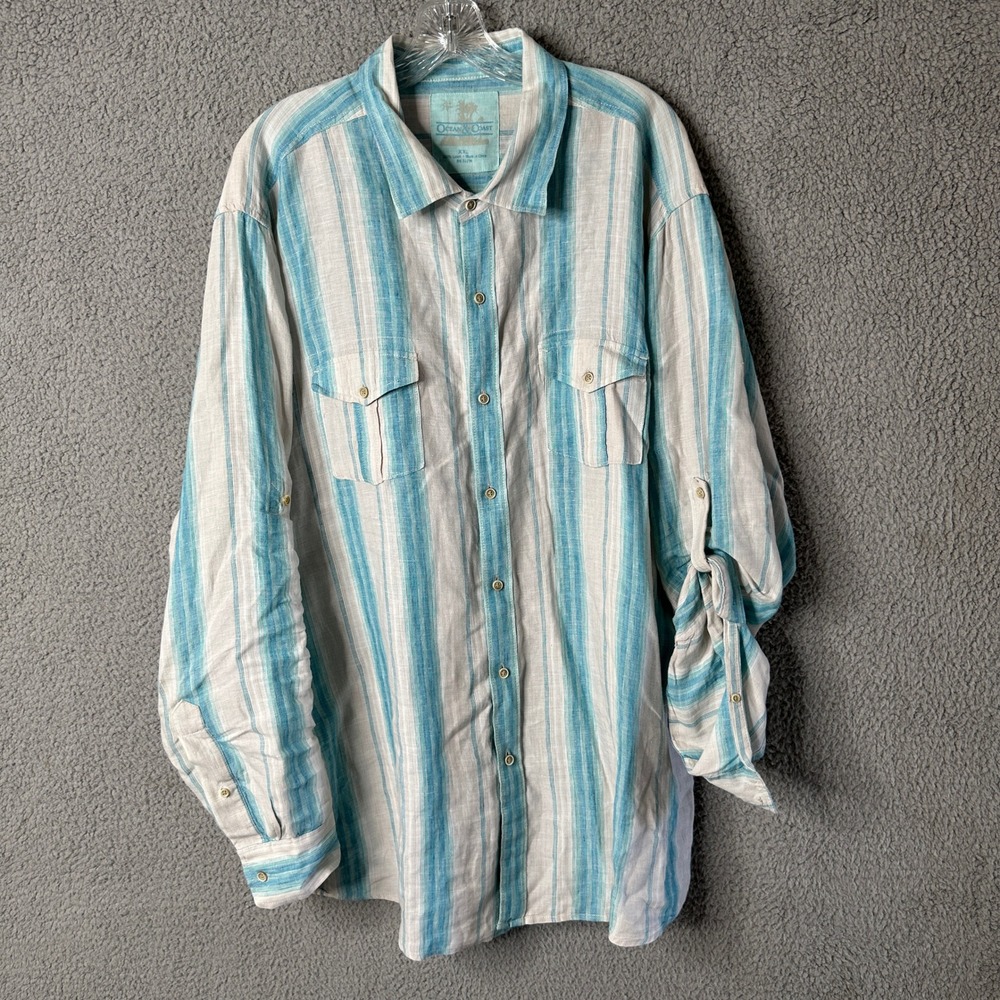 Ocean‎ Coast Mens XXL Linen Button Up Long Sleeve Striped Shirt